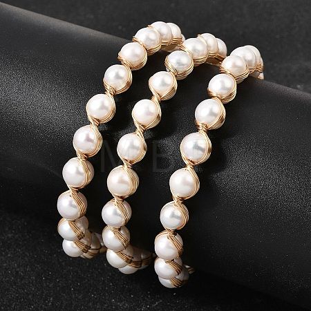 Brass Wire Wrapped Natural Pearl Open Cuff Bangles for Women BJEW-D453-04G-1