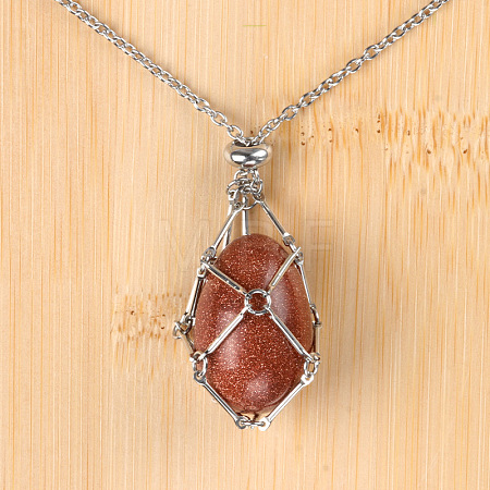 Synthetic Goldstone Easter Egg Cage Pendant 304 Stainless Steel Cable Chain Necklaces FS-WGA333C-04-1