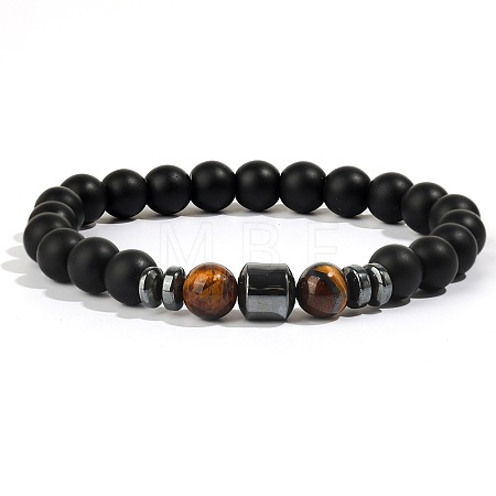Natural Frosted Black Obsidian & Tiger Eye & Synthetic Non-magnetic Hematite Beaded Stretch Bracelets for Men OT1378-1-1