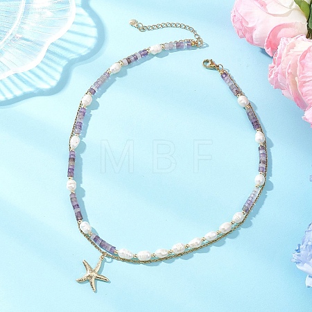 Natural Amethyst Heishi Beads and Rice Natural Pearl Beaded Double Layer 304 Stainless Steel Starfish Pendant Necklaces NJEW-JN05847-02-1