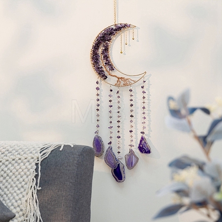 Moon Natural Amethyst & Agate Woven Net Suncatchers PW-WG17811-03-1