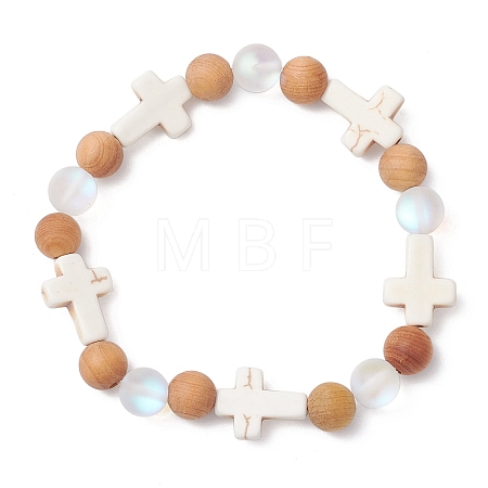 Natural Wood Round Beads Stretch Bracelets for Women BJEW-JB12590-1