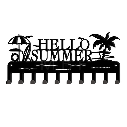 Word HELLO SUMMER Pattern Iron Wall Mounted Hook Hangers HJEW-WH0018-041-1