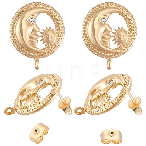 3 Pairs Brass Micro Pave Cubic Zirconia Moon with Flower Stud Earring Findings KK-BBC0007-96-1