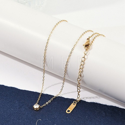 Ion Plating(IP) 304 Stainless Steel Cubic Zirconia Flat Round Pendant Cable Chain Necklaces NJEW-P320-16G-01-1