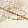 Adjustable Brass Flat Round with Religion Cross & Imitation Pearl Braided Bead Bracelets for Women FT2047-2
