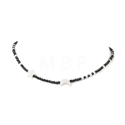 Natural Freshwater Shell Moon Star and Faceted Round Natural Black Spinel Beaded Necklaces for Women NJEW-JN05669-1