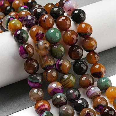 Faceted Natural Banded Agate Beads Strands G-F447-12mm-O06-1