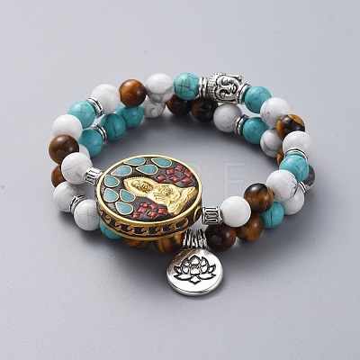 Buddhist Theme Guan Yin & Lotus Stretch Bracelets Sets BJEW-JB04874-1