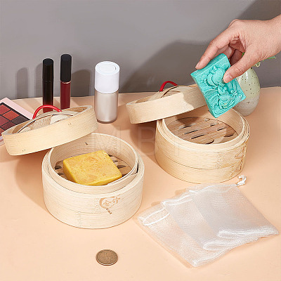 AHADERMAKER Round Bamboo Steamer Self-Draining Soap Box AJEW-GA0005-86-1
