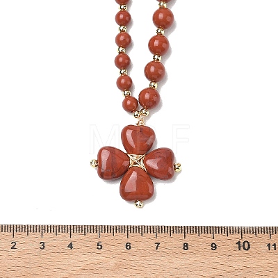 Saint Patrick's Day Natural Red Jasper Clover Pendant Round Beaded Necklaces with Brall Heart OT Clasps NJEW-G202-02G-04-1