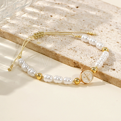 Adjustable Brass Flat Round with Religion Cross & Imitation Pearl Braided Bead Bracelets for Women FT2047-1