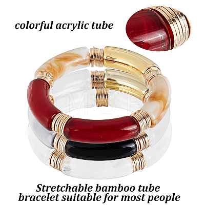 ANATTASOUL 3Pcs 3 Colors Acrylic Curved Tube Beaded Stretch Bracelets Set for Women BJEW-AN0001-22-1