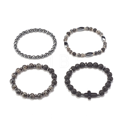 4Pcs 4 Style Mixed Stone Round Beaded Stretch Bracelets Set with Crystal Rhinestone BJEW-JB07885-1