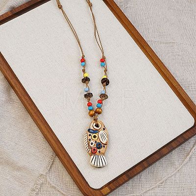 Adjustable Ethnic Handmade Porcelain & Wood Colorful Pendant Waxed Cord Necklaces WG91B87-04-1