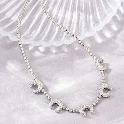 Brass Micro Pave Clear Cubic Zirconia Double Horn and Round Beaded Necklaces KK-CBA4547-06P-1