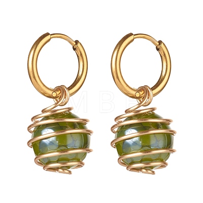 Round Natural Agate Beads Dangle Huggie Hoop Earrings EJEW-JE04718-03-1