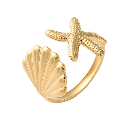 304 Stainless Steel Starfish & Shell Open Cuff Rings for Women X-RJEW-C095-09G-1