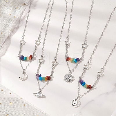 Chakra Gemstone Chip Beaded & Alloy Sun Moon Star Planet Pendant Brass Cable Chain Necklaces for Women NJEW-JN05794-1