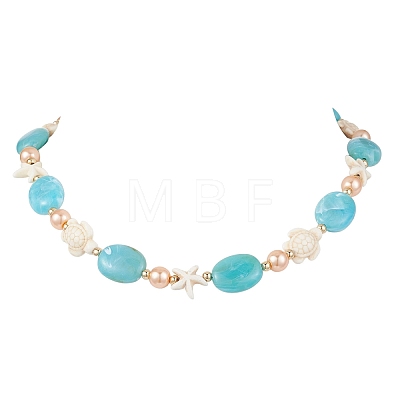 Ocean Synthetic Turquoise Turtle Starfish & Oval Acrylic & Round Glass Pearl Beaded Necklaces for Women NJEW-JN06077-1