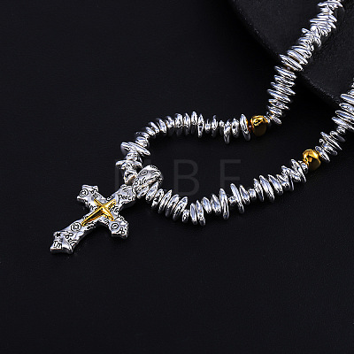 Religion Two Tone Alloy Cross Pendant Synthetic Hematite Chip Beaded Necklaces for Men WG8791E-01-1