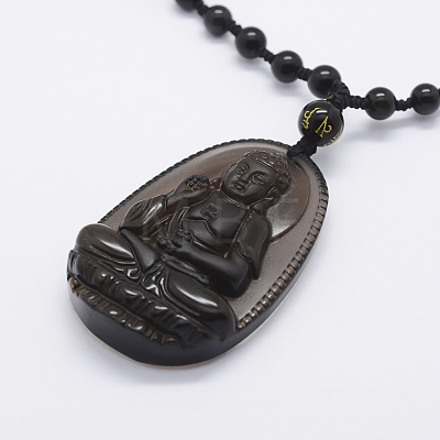 Natural Golden Sheen Obsidian Beaded Pendant Necklaces NJEW-E116-08-1