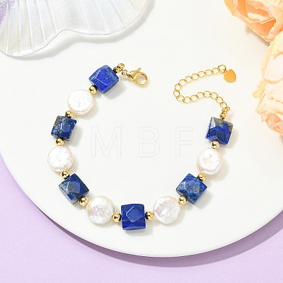Natural Lapis Lazuli & Keshi Pearl Beaded Bracelets for Women BJEW-JB14007-02-1
