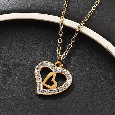 304 Stainless Steel Crystal Rhinestone Heart Pendant Cable Chain Necklaces for Women NJEW-Z056-01C-G-1