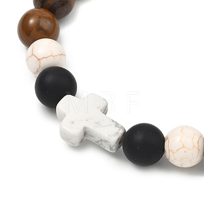 Natural Black Agate & Grade AB Tiger Eye & Howlite Beads Stretch Braceles for Women Men BJEW-JB13625-1