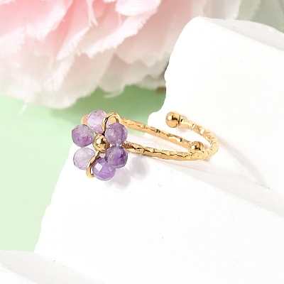 Adjustable 304 Stainless Steel with Natural Mixed Stone Cuff Open Rings RJEW-P187-01G-08-1