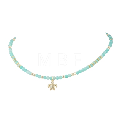 3Pcs 3 Styles Ocean Brass Turtle Pendant Faceted Round  Natural Aquamarine & Amazonite & Dyed Agate Beaded Necklaces NJEW-JN05736-1