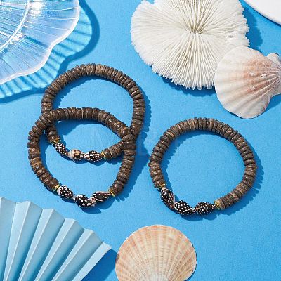 Natural Coconut Rondelle Beaded Stretch Bracelets BJEW-JB10250-01-1