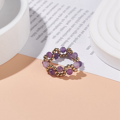 Natural Amethyst & Glass Seed Braided Bead Finger Ring RJEW-JR00465-04-1