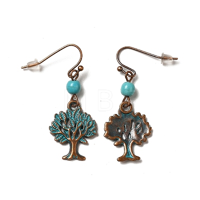 3 Pairs 3 Style Tree & Feather & Stone Shape Alloy Dangle Earrings Set EJEW-G330-03R-1