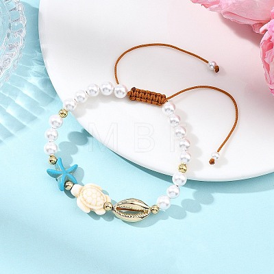 Dyed Synthetic Turquoise & Shell Pearl & Alloy Beads Braided Bead Bracelets for Women BJEW-JB13806-1