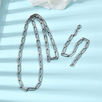 304 Stainless Steel Paperclip Chains Bracelet & Necklace Jewelry Sets SJEW-L199-15P-1