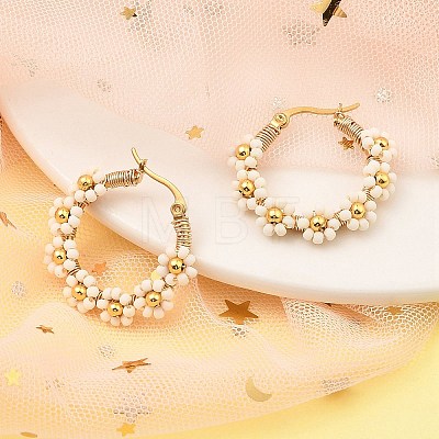 304 Stainless Steel & Bohemian Beaded Flower Hoop Earrings for Women EJEW-R001-02G-02-1