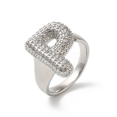 Letter Brass Micro Pave Clear Cubic Zirconia Open Cuff Ring for Women RJEW-N046-03P-P-1