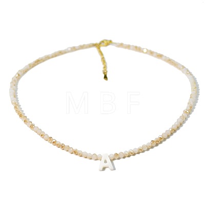 Natural White Shell Letter Faceted Glass Beaded Necklaces with 304 Stainless Steel End Chains SS7282-1-1