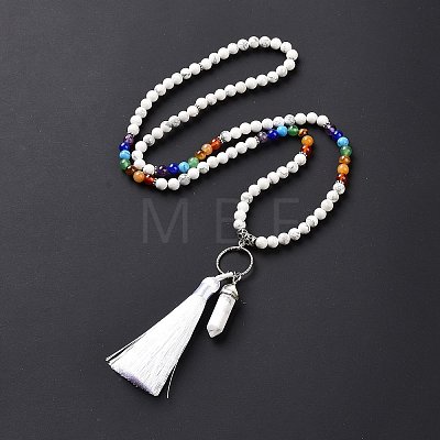 Natural Howlite Bullet & Tassel Pendant Necklace with Mixed Gemstone Beaded Chains NJEW-E585-02H-1