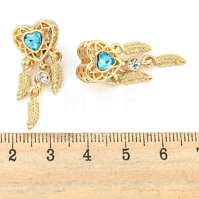 Rack Plating Alloy Pave Indicolite Rhinestone Heart with Feather European Dangle Charms FIND-B034-19G-02-1