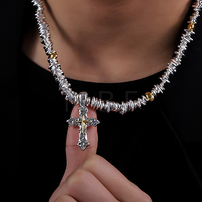 Religion Two Tone Alloy Cross Pendant Synthetic Hematite Chip Beaded Necklaces for Men WG8791E-01-1