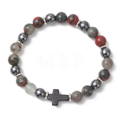 Natural African Bloodstone & Synthetic Turquoise & Hematite Beaded Stretch Bracelets BJEW-JB13449-1