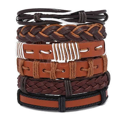 6Pcs 6 Style Adjustable Braided Imitation Leather Cord Bracelet Set with Waxed Cord for Men BJEW-F458-10-1