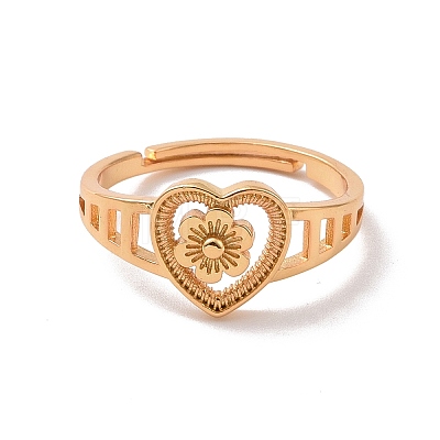 Brass Heart with Flower Adjustable Ring for Women RJEW-P034-06G-1