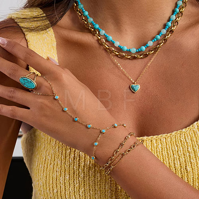 304 Stainless Steel Pave Synthetic Turquoise Link Ring Bracelets VX6527-1