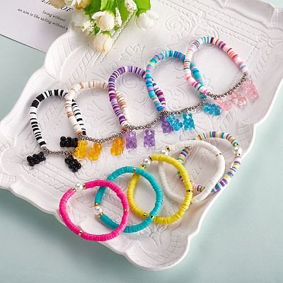 Polymer Clay Heishi Beads Stretch & Charm Bracelets Sets sgBJEW-SZ0001-33-1