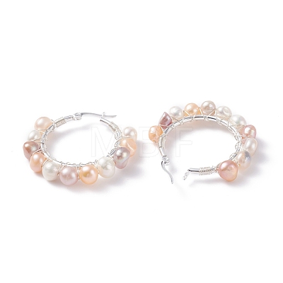 Natural Pearl Wire Wrapped Beaded Hoop Earrings for Women EJEW-JE04759-02-1