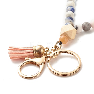 Wood & Gemstone Beaded Bracelet Wristlet Keychains KEYC-JKC00299-1