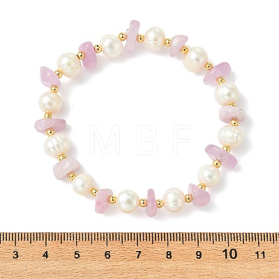 Natural Kunzite Chips & Round Cultured Freshwater Pearl Beaded Bracelets for Women BJEW-JB14004-1